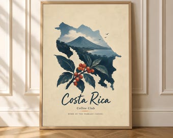 Póster de café de Costa Rica, arte mural de viajes vintage, decoración de cocina
