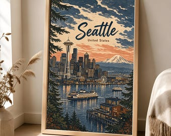 Seattle Matte Poster, Vintage Pacific Northwest Travel Art, Space Needle Skyline Decor