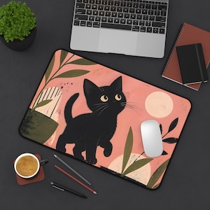 Black Kitten Illustration Desk Mat | Floral Moon Cat Mousepad image 1