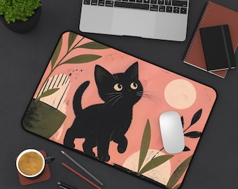 Tapete de mesa com ilustração de gatinho preto | Mousepad com estampa floral e lua de gato