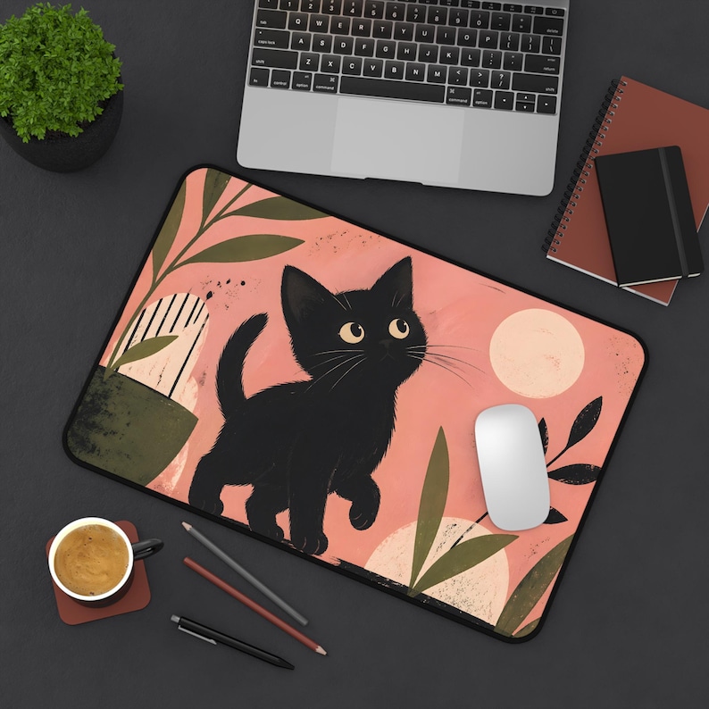 Black Kitten Illustration Desk Mat | Floral Moon Cat Mousepad image 1