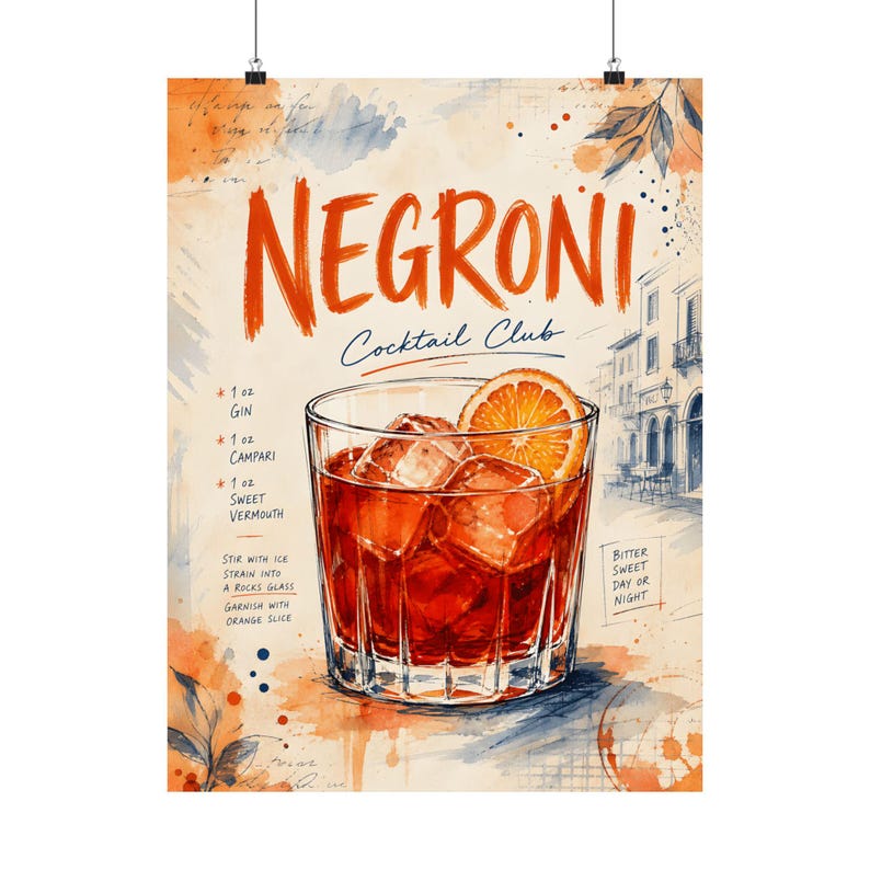Negroni Cocktail Print, Italian Drink Recipe Wall Art, Bar Cart Decor Poster image 2