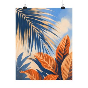 Póster de hojas tropicales, arte botánico para pared, decoración de hojas de palmera azules y naranjas imagen 2