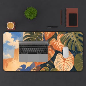 Alfombrilla de escritorio con hojas de monstera tropical / Alfombrilla de ratón con ilustración botánica de plantas imagen 5