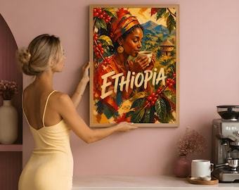 Ethiopian Coffee Art Print, Traditional African Wall Decor, Vintage Kitchen Poster