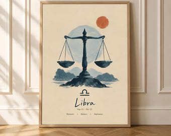 Libra Zodiac Poster, Vintage Astrology Wall Art, Celestial Balance Decor