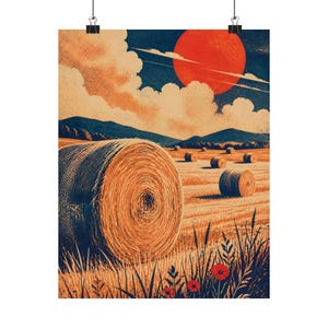 Lámina decorativa de un campo de pacas de heno, decoración rústica de granja, arte mural campestre al atardecer. imagen 2
