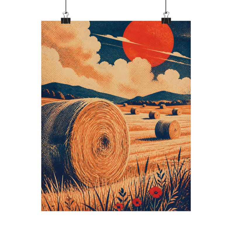 Lámina decorativa de un campo de pacas de heno, decoración rústica de granja, arte mural campestre al atardecer. imagen 2