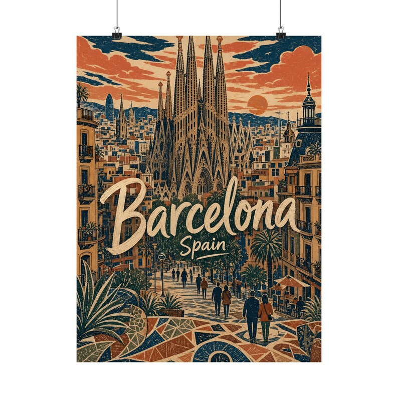 Barcelona-Poster, Sagrada Familia Reisekunst, Vintage-Stadtansicht von Spanien Bild 10