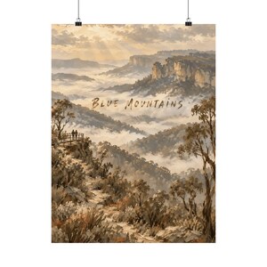 Blue Mountains Poster, Australian Landscape Art, Misty Valley Decor image 2