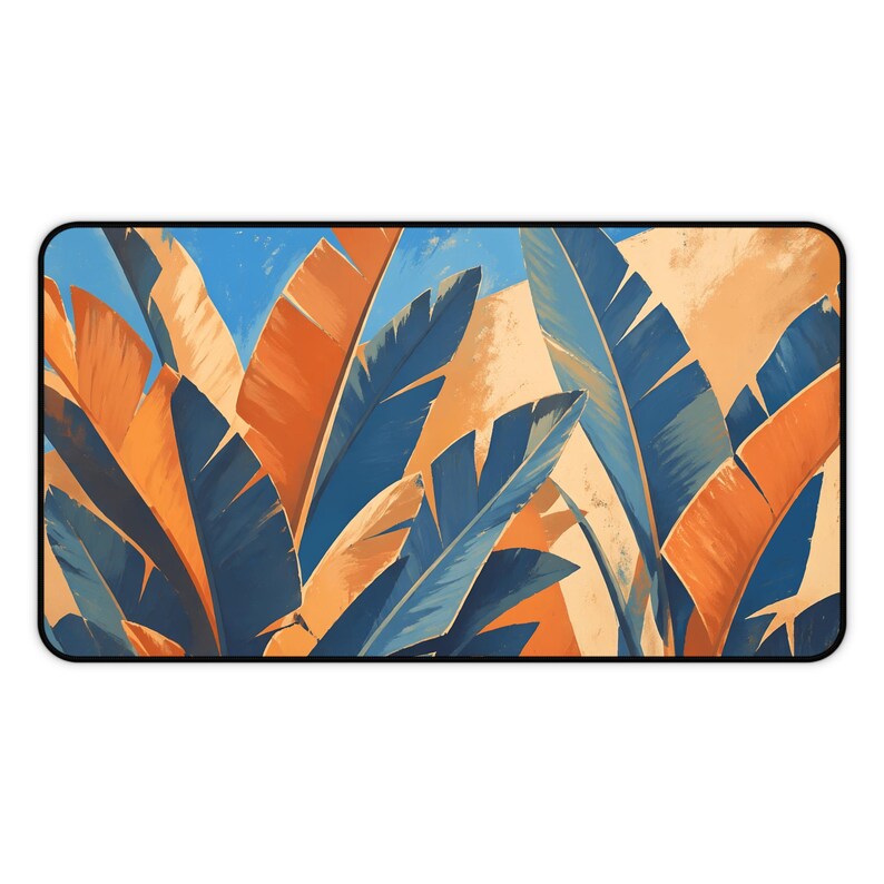 Tropical Banana Leaves Desk Mat | Blue Orange Botanical Mouse Pad image 2