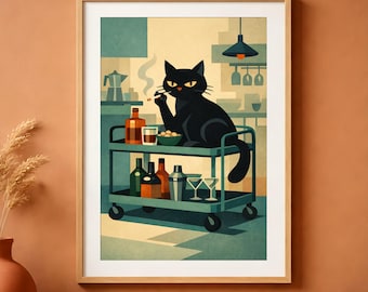 Black Cat Wall Art, Mid Century Bar Cart Poster, Retro Kitchen Decor