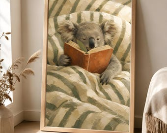 Reading Koala Wall Art, Cozy Animal Portrait, Storybook Nursery Decor
