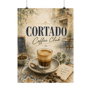 Arte de parede do Cortado Coffee Club, impressão em aquarela do café de Madrid, pôster de bebida para cozinha imagem 3