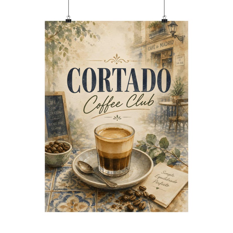 Arte de parede do Cortado Coffee Club, impressão em aquarela do café de Madrid, pôster de bebida para cozinha imagem 3