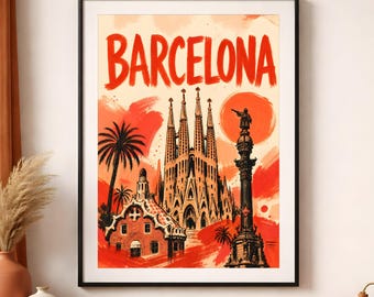 Cartel de viaje de Barcelona, arte retro de la pared de la Sagrada Familia, impresión vintage de la ciudad de España