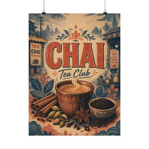 Chai Tea Club Wall Art, Indian Tea Market Print, Vintage Kitchen Poster image 2