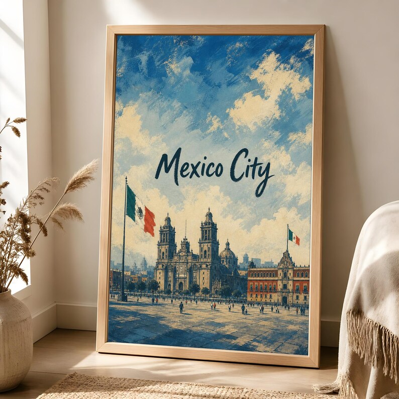 Reseaffisch i Mexico City, vintage väggkonst för Zócalo-katedralen bild 1