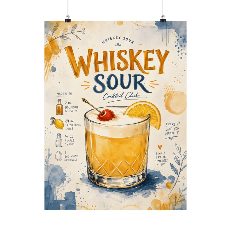 Whiskey Sour Wall Art, Cocktail Recipe Print, Bar Cart Decor image 2