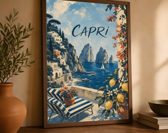 Capri Italy Poster, Vintage Mediterranean Travel Art, Amalfi Coast Decor