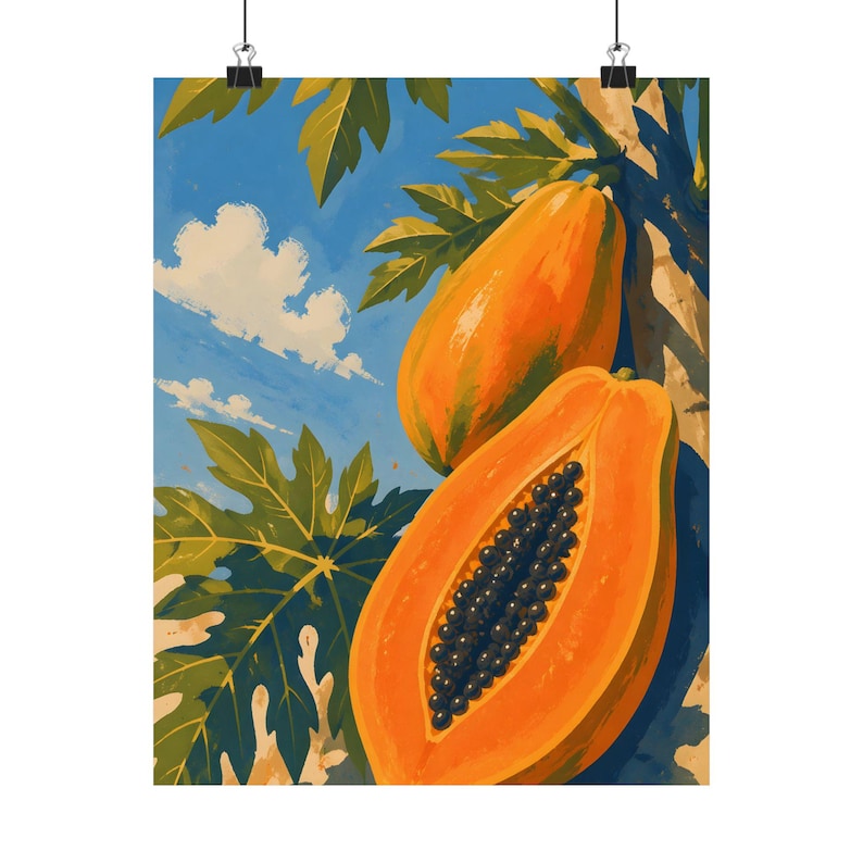 Papaya Poster, Tropical Fruit Wall Art Print, Vintage Botanical Kitchen Decor, Colorful Summer Poster image 5
