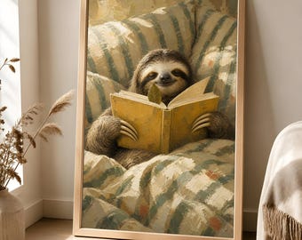 Reading Sloth Wall Art, Cozy Animal Poster, Whimsical Bedroom Decor