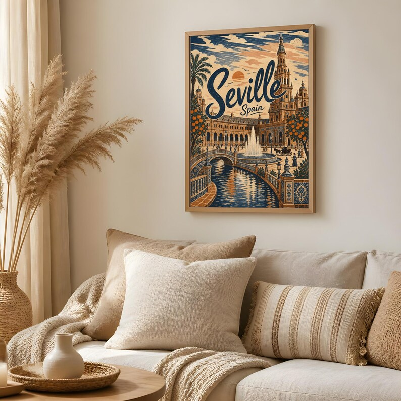 Sevilla reseposter, vintage Spanien väggkonst, andalusisk torgdekor bild 7