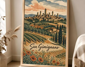 San Gimignano Poster, Tuscan Landscape Linocut Wall Art