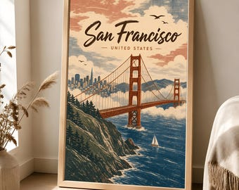 Póster de San Francisco, arte mural del Puente Golden Gate, decoración vintage de viajes por California.