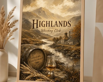 Scottish Highlands Whiskey Poster, Rustic Distillery Landscape Wall Art