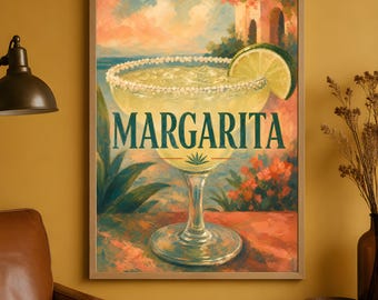 Margarita cocktailmuurkunst, getextureerde drankprint, vintage bardecoratieposter