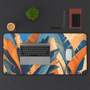 Tropical Banana Leaves Desk Mat | Blue Orange Botanical Mouse Pad image 5