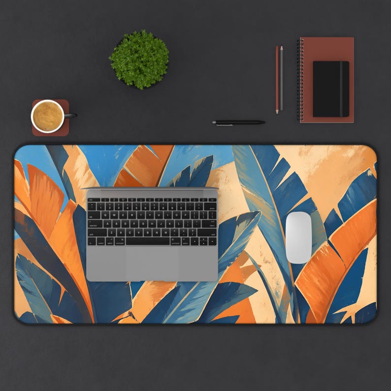 Tropical Banana Leaves Desk Mat | Blue Orange Botanical Mouse Pad image 5