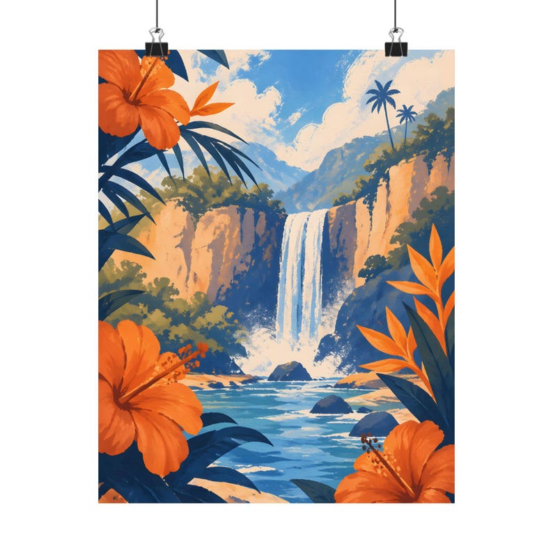 Tropical Waterfall Wall Art, Hibiscus Landscape Poster, Coastal Botanical Decor image 3