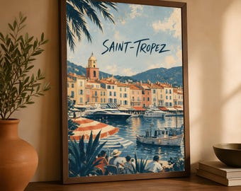 Saint-Tropez Poster, French Riviera Travel Art, Mediterranean Harbor Decor