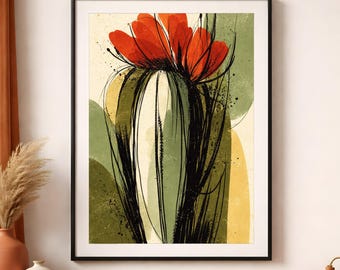 Arte de parede com flor de papoula, pôster botânico moderno, decoração floral abstrata em tinta.