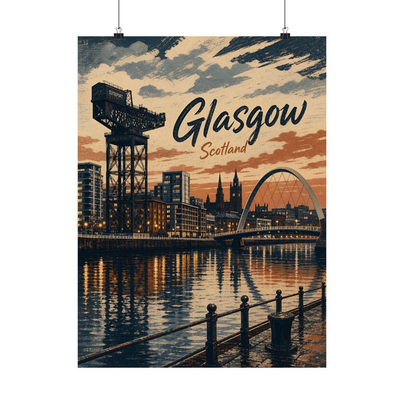 Glasgow poster, vintage reiskunst uit Schotland, stadsgezicht van de rivier de Clyde, afbeelding 10