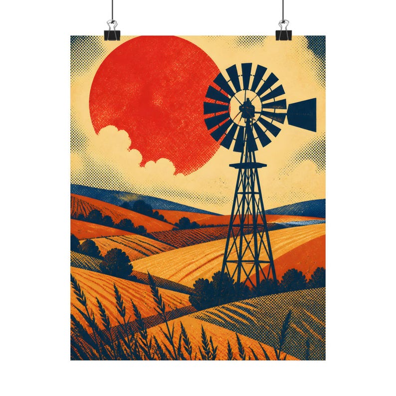 Bauernhof Windmühle Kunstdruck, Midwest Landschaft Wanddekoration, Retro Americana Poster Bild 2