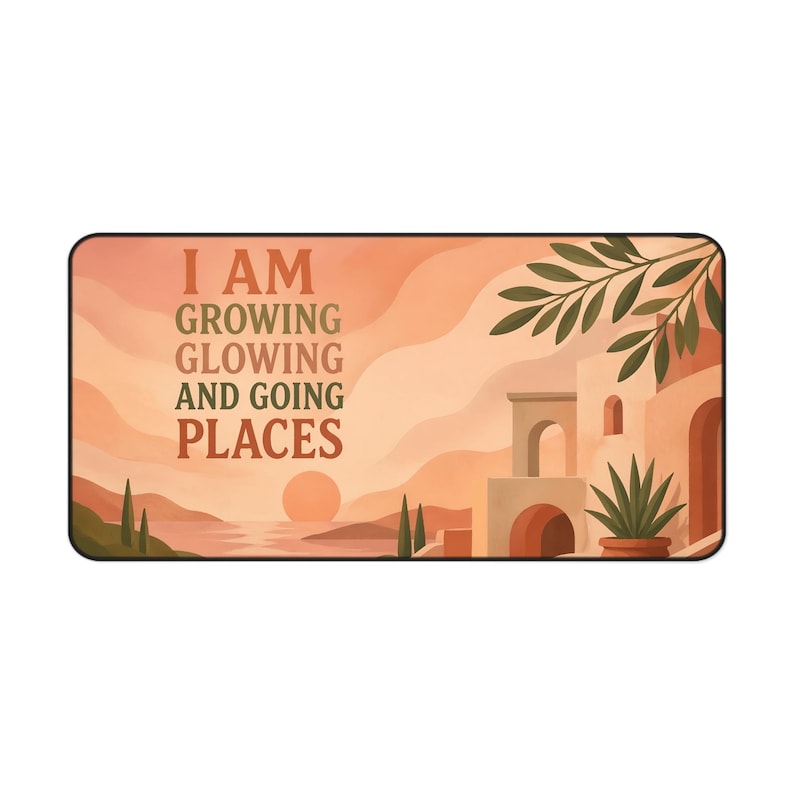 Motivational Desk Mat | Terracotta Sunset Mediterranean Scene, Uplifting Quote image 1