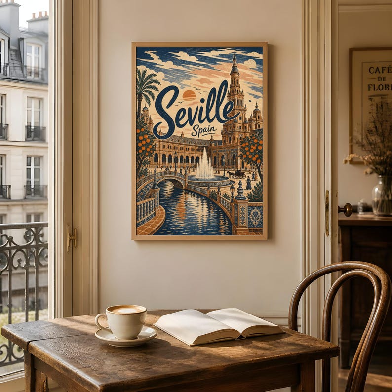 Sevilla reseposter, vintage Spanien väggkonst, andalusisk torgdekor bild 8