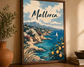 Mallorca Travel Poster, Mediterranean Coastal Wall Art, Vintage Spain Decor