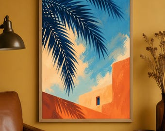 Pôster de palmeira, arte de parede costeira mediterrânea, impressão arquitetônica em tons de laranja e azul.