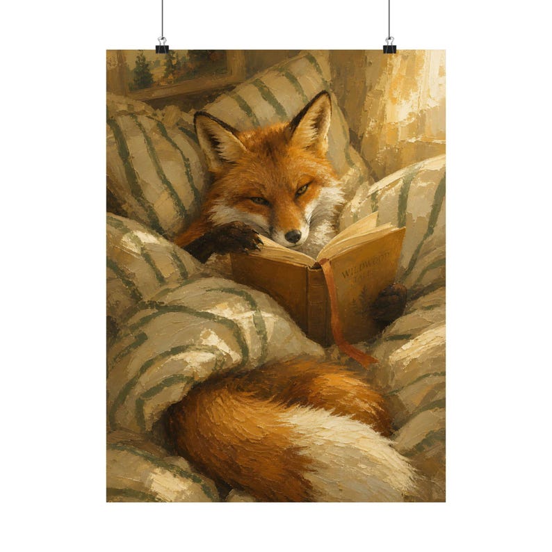 Reading Fox Wall Art, Cozy Woodland Book Lover Poster image 2