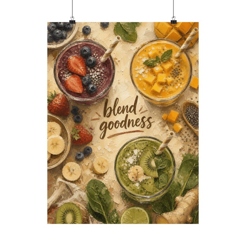 Poster per la cucina con frullati, decorazione murale per una colazione sana, illustrazione colorata di cibo immagine 2