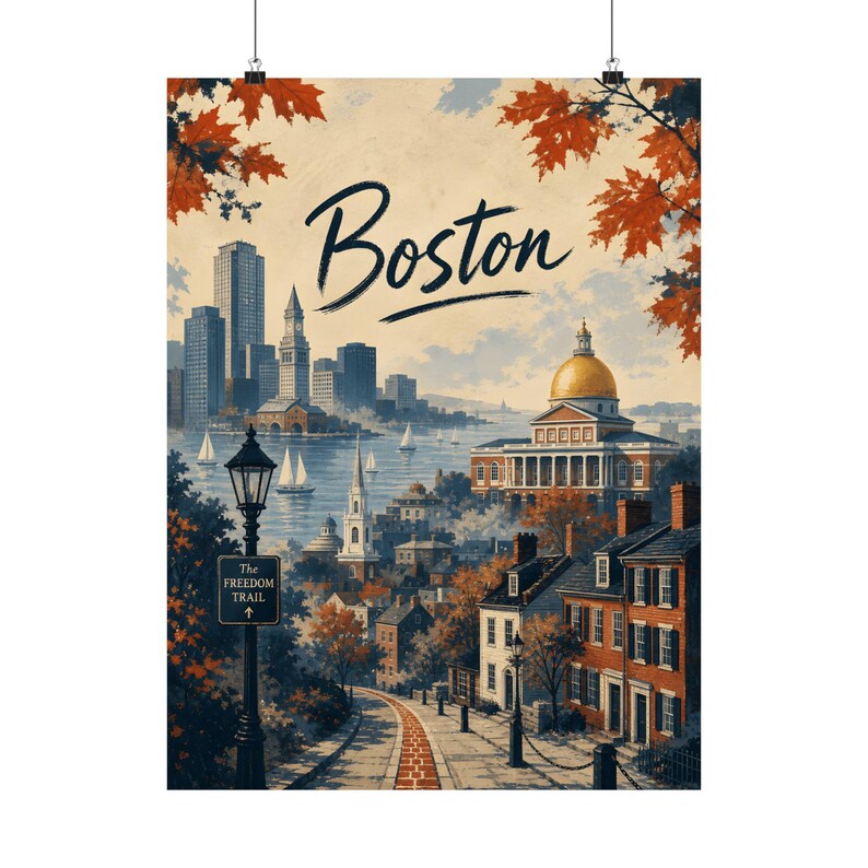 Boston Wall Art, Freedom Trail Travel Poster, Vintage Massachusetts City Decor image 2