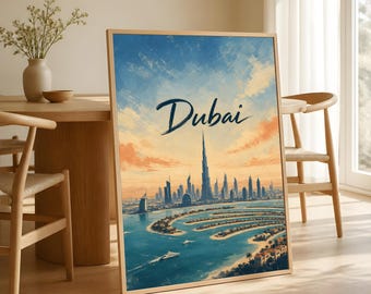 Dubai Travel Poster, Vintage UAE Skyline Art, Burj Khalifa Decor