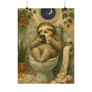 Sloth Bathroom Wall Art, Funny Animal Decor, Vintage Style Matte Poster image 2