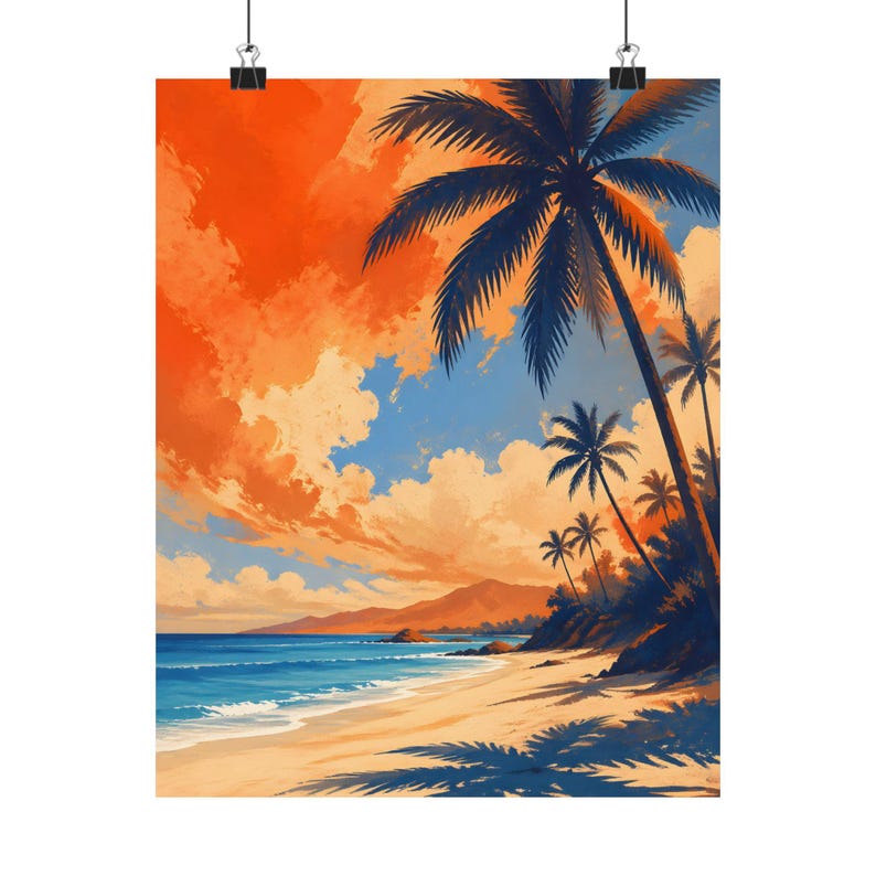 Decoración de pared con temática de playa tropical, póster costero con palmeras, decoración de atardecer hawaiano. imagen 2