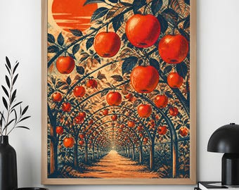 Arte de parede vintage com pomar de maçãs, estampa retrô de fazenda de frutas, pôster botânico rústico.