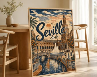 Sevilla reseposter, vintage Spanien väggkonst, andalusisk torgdekor